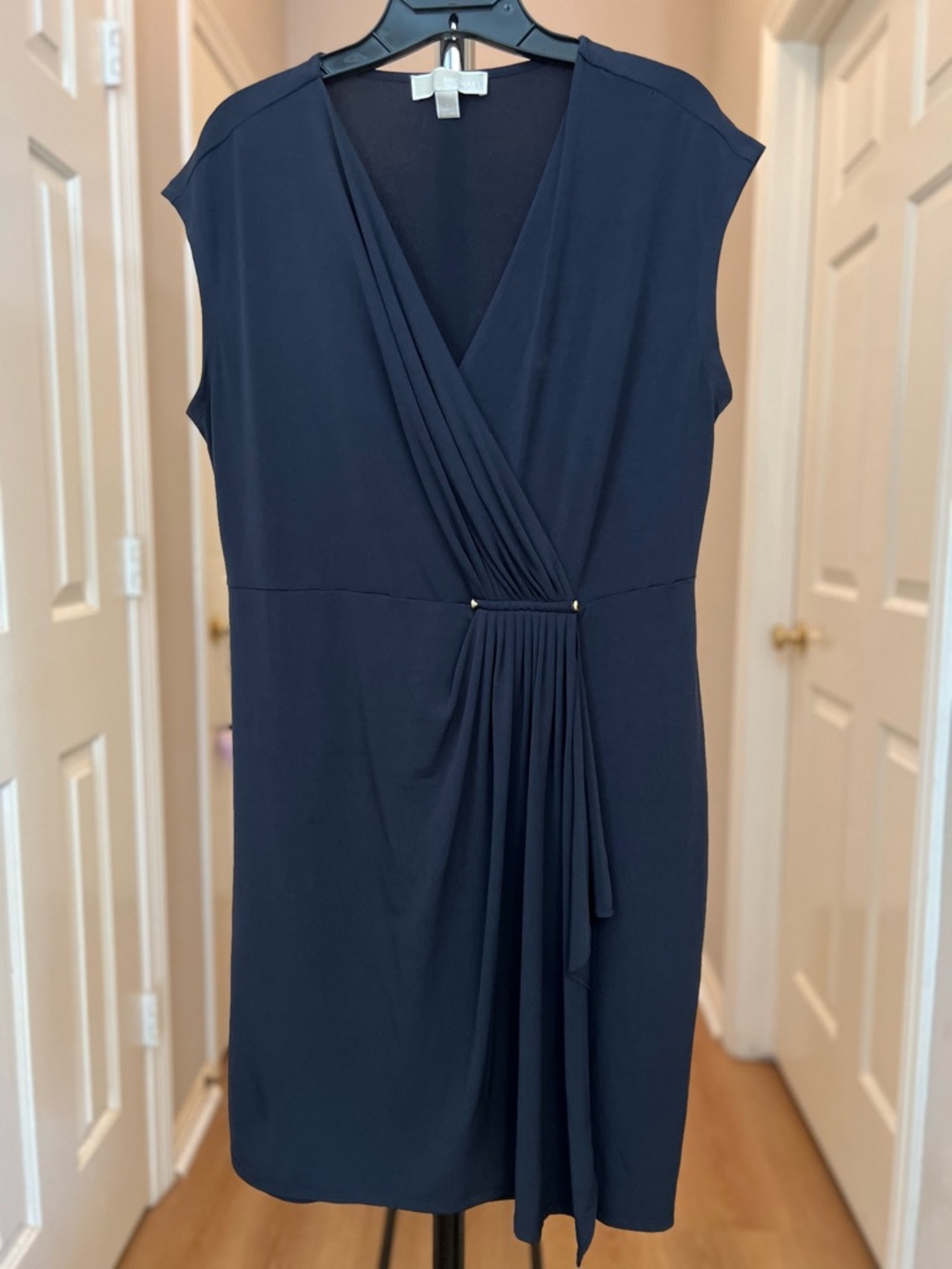 Michael Kors Navy Faux-Wrap Cap-Sleeve Midi Dress